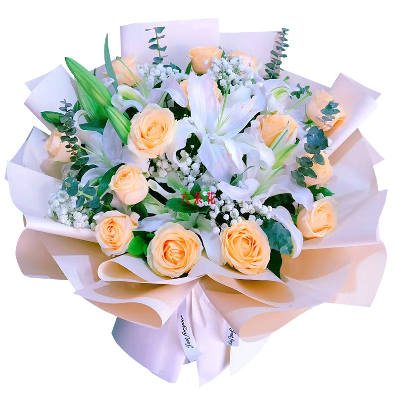 16朵香槟玫瑰2支百合，爱的温暖和幸福