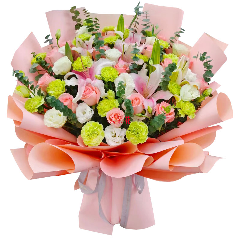 16朵粉玫瑰百合康乃馨，宁静和温柔