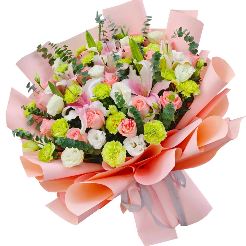 16朵粉玫瑰百合康乃馨，宁静和温柔