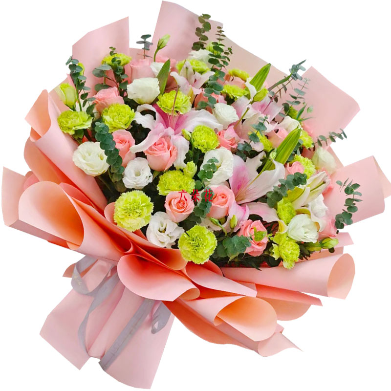 16朵粉玫瑰百合康乃馨，宁静和温柔