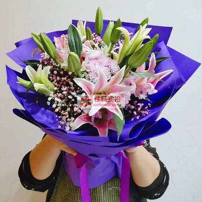 湘西6支粉色多头百合，真诚的问候